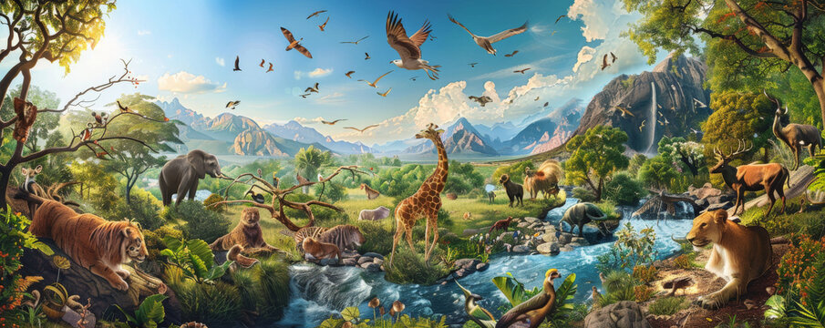 A safe planet backdrop featuring a panoramic view of a protected wildlife reserve, with diverse animal species roaming freely in their natural habitat.