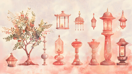 watercolor background set with lanterns and an olive tree