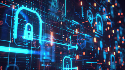 A visually captivating composition of digital padlocks and circuitry in vibrant blue and orange hues, representing cybersecurity and data protection.