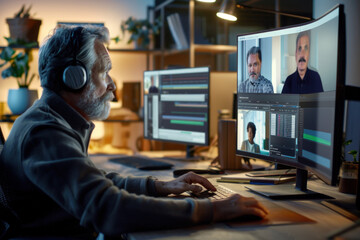 Senior filmmaker wearing headphones working on a movie using professional software and having a video call on a dual monitor computer late at night