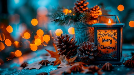 Vintage lantern with Merry Christmas on it. Outdoors scene. Pine cones, maple leaves and pine needles. Shallow focus. Blurred background