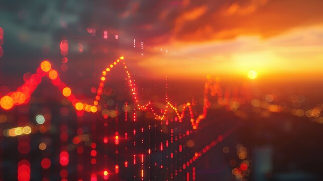 Abstract Financial Data Visualization with Glowing Red Graphs Against a Sunset Background