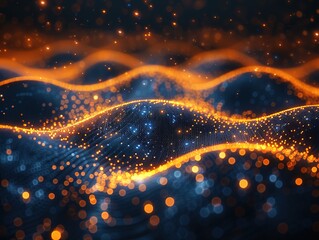 Abstract digital illustration of a blue and gold virtual network, representing interconnected nodes