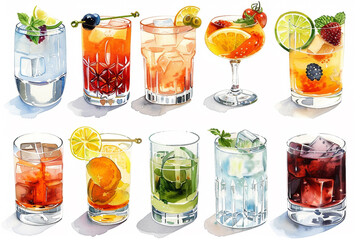 A watercolor painting of a variety of cocktails.
