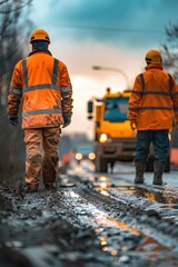 Construction Workers in High Visibility Clothing on Muddy Road at Sunset with Truck in Background