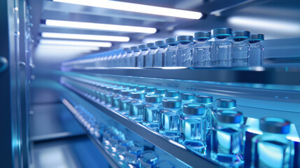 Obraz premium Rows of clear vials illuminated with a blue glow, neatly arranged on shelves in a modern laboratory setting, ready for scientific research or medical use.