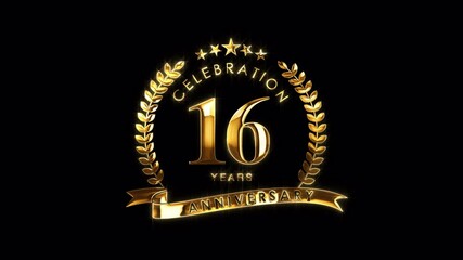 Luxurious 16th Anniversary Celebration. Golden 16 Years Anniversary Animation in Gold Color on the Transparent Background, Alpha Channel. Great for greetings, celebrations, events, and gifts.