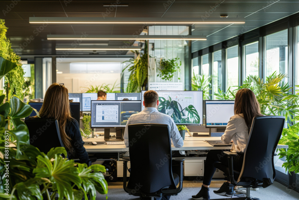 Poster programmers and developers concentrating on their work in a modern bright open space office full of 