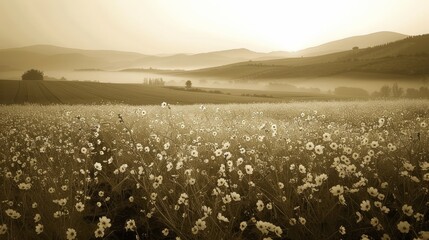 Golden Sunrise Over the Wildflower Meadow in Rolling Hills Landscape