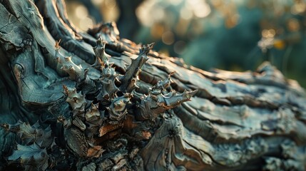Fototapeta premium Intricate Details of a Weathered Tree with Sharp Thorns Below a Warm Sunset