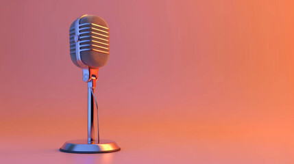 A classic retro microphone stands on a sleek base with an orange-pink gradient background, exuding a sense of vintage charm and sophistication.