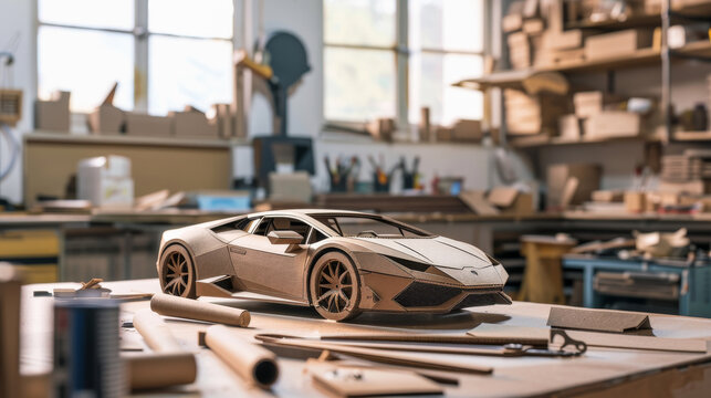 A detailed cardboard model of a sports car sits on a cluttered workbench in a sunlit workshop, surrounded by tools and crafting materials.
