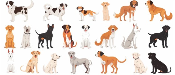 Fototapeta premium Dogs in various poses, pure white background, minimalist style, simple lines, soft colors