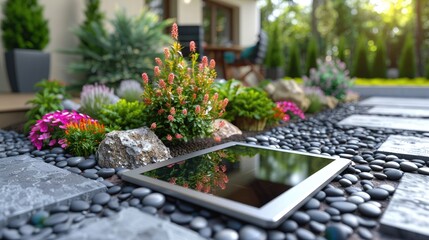 Fototapeta premium A tablet is sitting on a stone path next to a garden. The tablet is reflecting the surrounding environment, including the flowers and rocks. Concept of tranquility and relaxation, as the tablet