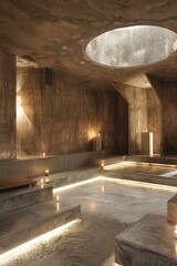 Modern Minimalist Concrete Interior with Skylight and Ambient Lighting