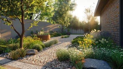 Fototapeta premium A garden path with a brick wall and a tree. The path is lined with flowers and rocks