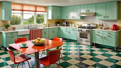 Classic 1950s kitchen with colorful appliances and a Formica table.