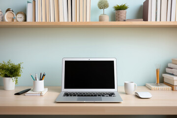 Front view of laptop computer, coffee cup, shelf with books and potted plant on wooden table. Empty screen for your advertise design. Mock up. Copy space