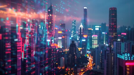 Futuristic Cityscape at Night with Neon Lights and Skyscrapers in a Modern Urban Environment