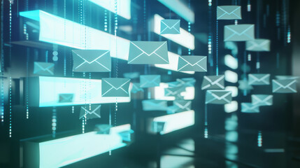 Floating envelopes and digital blocks in a neon-lit, dark abstract space, representing email communication and digital interactions in a virtual environment.