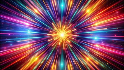 Vibrant, swirling, neon-lit starburst radiates dynamic speed lines, bursting with kinetic energy on a velvety black abstract background.