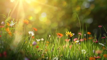 Obraz premium A vibrant meadow in full bloom, illuminated by warm sunlight, featuring a variety of wildflowers in different colors and lengths of grass.
