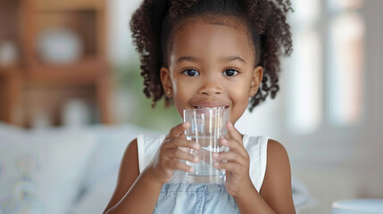 Young child drinking water from a glass, framed by a soft, brightly lit indoor setting, reflecting health, hydration, and youthful energy. © VK Studio