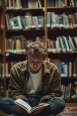 A person sitting on the floor reading a book, great for educational or personal use
