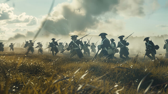 Silhouetted soldiers in tricorn hats charge through a sunlit, misty battlefield, their bayonets gleaming as clouds of smoke swirl around them.