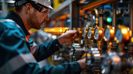Detailed industrial scene of a chemist monitoring a complex pump system with intricate pipes and gauges, in a large chemical plant
