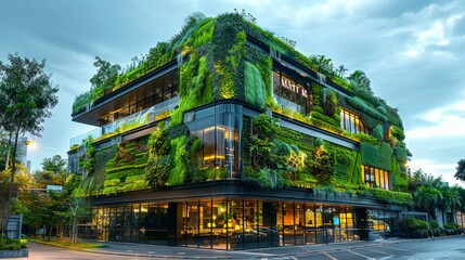 Obraz premium Modern Eco-Friendly Urban Building with Lush Greenery on Facade