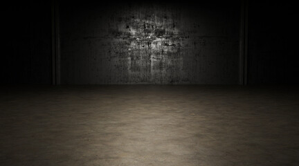 a dimly lit space with black walls and a brown floor. 3d rendering