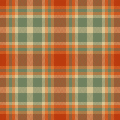 Neat pattern seamless tartan, fade check background textile. Woven vector fabric texture plaid in orange and pastel colors.