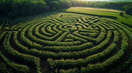 Aerial View of a Lush Green Field Maze Amidst a Dense Forest at Sunset