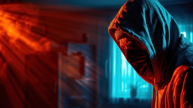 Dramatic portrayal of a bank heist in progress with a figure in a hood and mask, highlighted only by the light from a flashlight