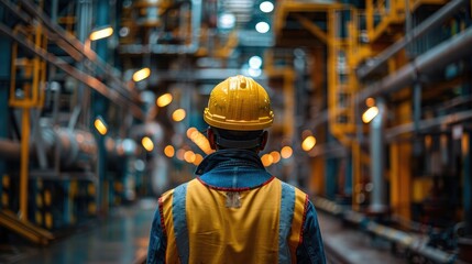 Obraz premium employee wearing yellow helmet and vest, industrial worker in oil processing plant, technical ambiance.
