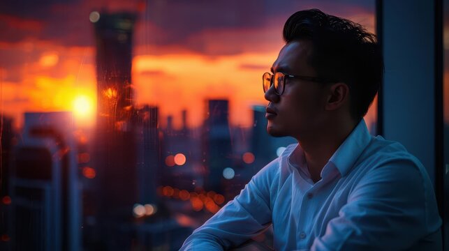 Dramatic scene of an Asian businessman at sunset, staring out of a high-rise office window, reflecting on losing his job