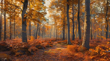 Obraz premium Enchanting Autumn Forest Path with Golden Leaves and Sunlight