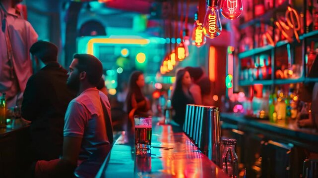 A crowded bar with people sitting at the bar under neon lights, creating a blurry scene, Neon lights illuminating a crowded bar