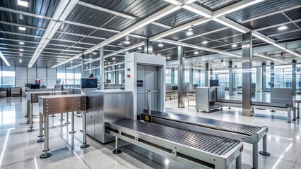Naklejka premium A deserted airport security checkpoint with a conveyor belt, x-ray machine, and metal detectors in a modern terminal building.