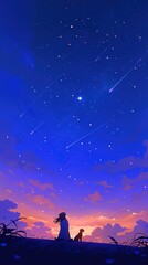 Fototapeta premium Person with dog stargazing in night sky illustration