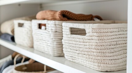 Obraz premium Organic cotton clothes awaiting folding in white baskets Organizing closet with Scandinavian hues using Komari approach
