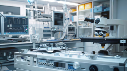 A well-equipped scientific laboratory featuring an array of advanced equipment, microscopes, monitors, and meticulous organization.