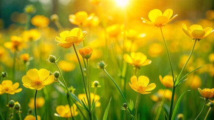 Fototapeta premium Vibrant yellow buttercups sway gently in a lush green meadow, creating a stunning floral spring wallpaper with a serene natural background.