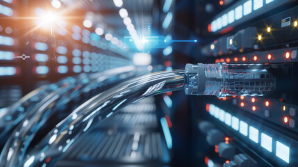Close-up of a network cable plug connecting to a server, with a digital interface overlay symbolizing data transfer and technology integration.