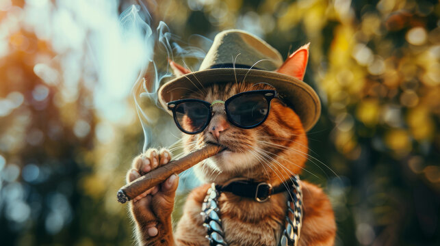 A cool cat wears sunglasses, a hat, and a chain while casually smoking a cigar, exuding an air of confidence and swagger in a sunlit outdoor setting.
