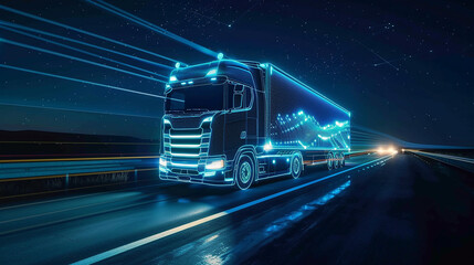 A futuristic truck with neon lights on a night highway, embodying the concept of modern logistics and transportation technology. The glowing elements create a high-tech atmosphere.