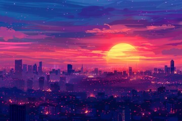 Fototapeta premium Sunset over Cityscape with Pink and Purple Sky