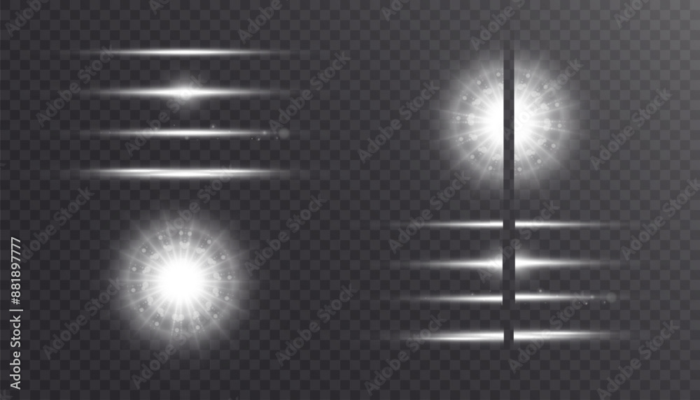 Poster set of bright white light effects. lens reflection effect. vector