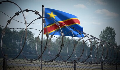 Barbed wire fence and flag of Democratic Republic of the Congo - 3d illustration